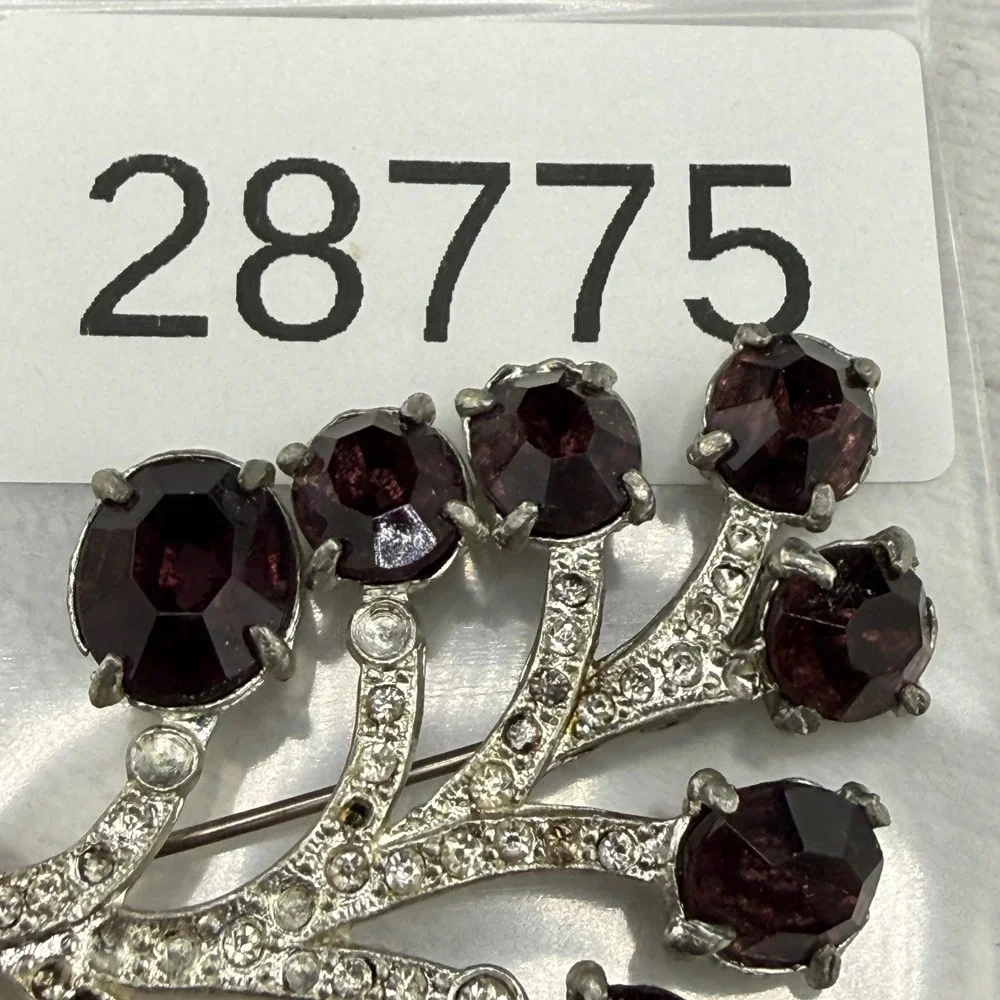Vintage Rhinestone Brooch Purple Silver Floral Spray